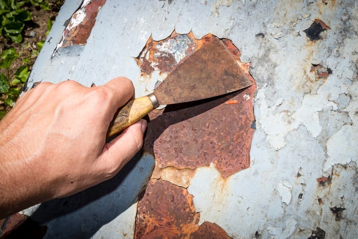 Hand skrapar flassande kvit maling og rust av ei korrodert stålplate